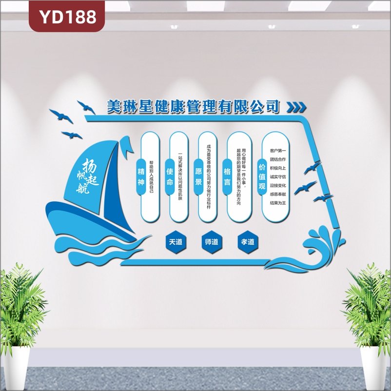 藍色大氣簡約帆船造型企業(yè)文化墻公司愿景使命價值觀3D立體雕刻展板