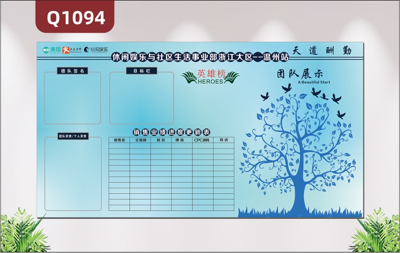 定制企業(yè)告示欄天道酬勤英雄榜團隊簽名目標(biāo)欄團隊榮譽業(yè)績進度更新表大樹團隊展示墻貼