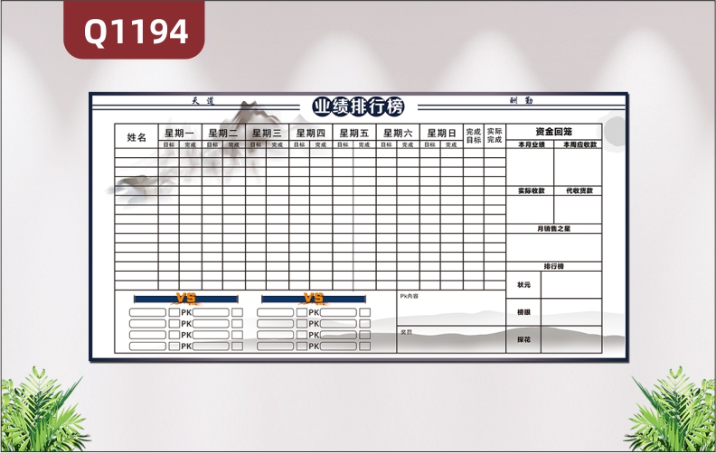 定制企業(yè)文化墻天道酬勤業(yè)績排行榜姓名一周目標(biāo)完成狀況展示墻貼