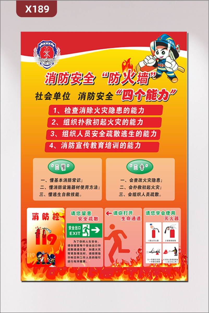 定制企業(yè)社會單位消防安全防火墻消防安全四個能力文化展板三懂三會展示墻貼