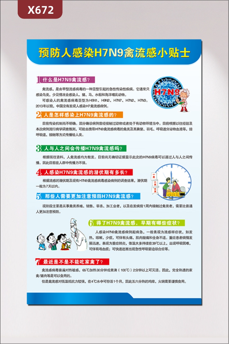 定制醫(yī)院預防人感染H7N9禽流感小貼士文化展板什么是H7N9禽流感人是怎樣感染上H7N9禽流感潛伏期多長早期癥狀展示墻貼