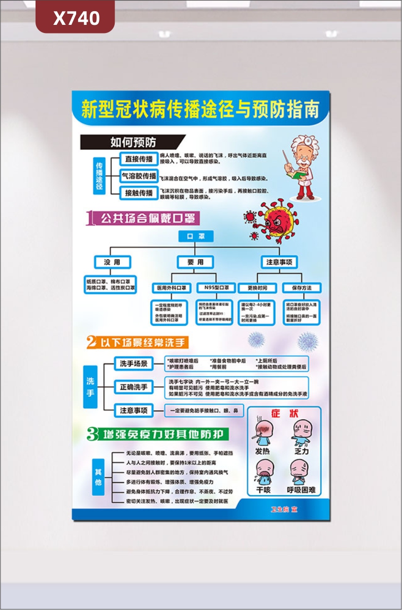 定制個性設計政府展板簡約風格新型冠狀病毒傳播途徑與預防指南展示墻貼