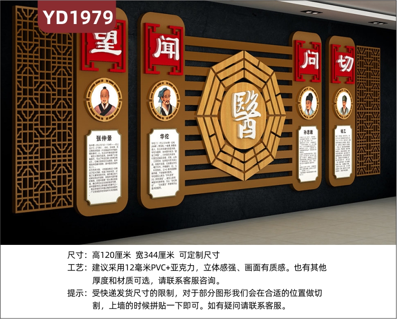 中醫(yī)四診文化宣傳墻中華名醫(yī)簡介展示墻過道傳統(tǒng)風(fēng)望聞問切理念裝飾掛畫