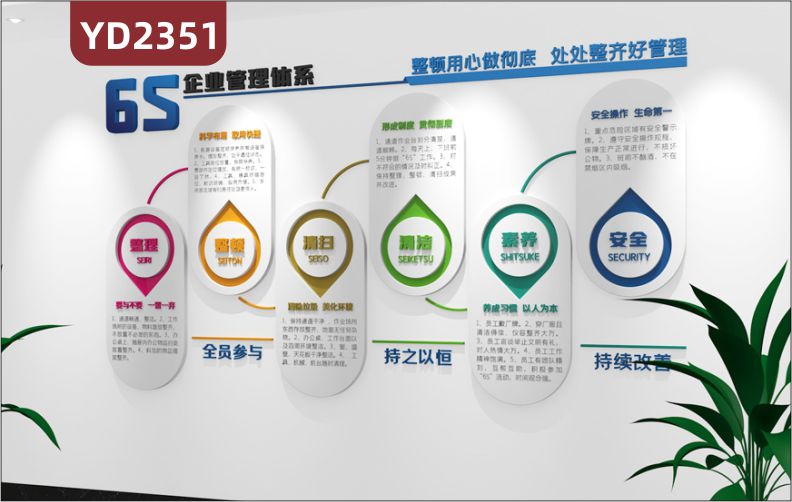 3D立體公司企業(yè)文化墻辦公室墻面裝飾工廠車間6S企業(yè)管理體系整理整頓清掃清潔素養(yǎng)安全標語背景墻